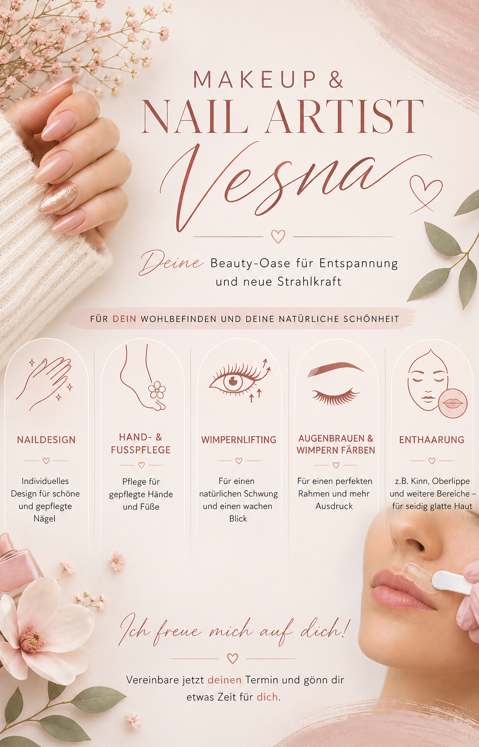 Beauty Studio Vesna Hände, Augen und Gesicht während verschiedener Schönheitsbehandlungen.